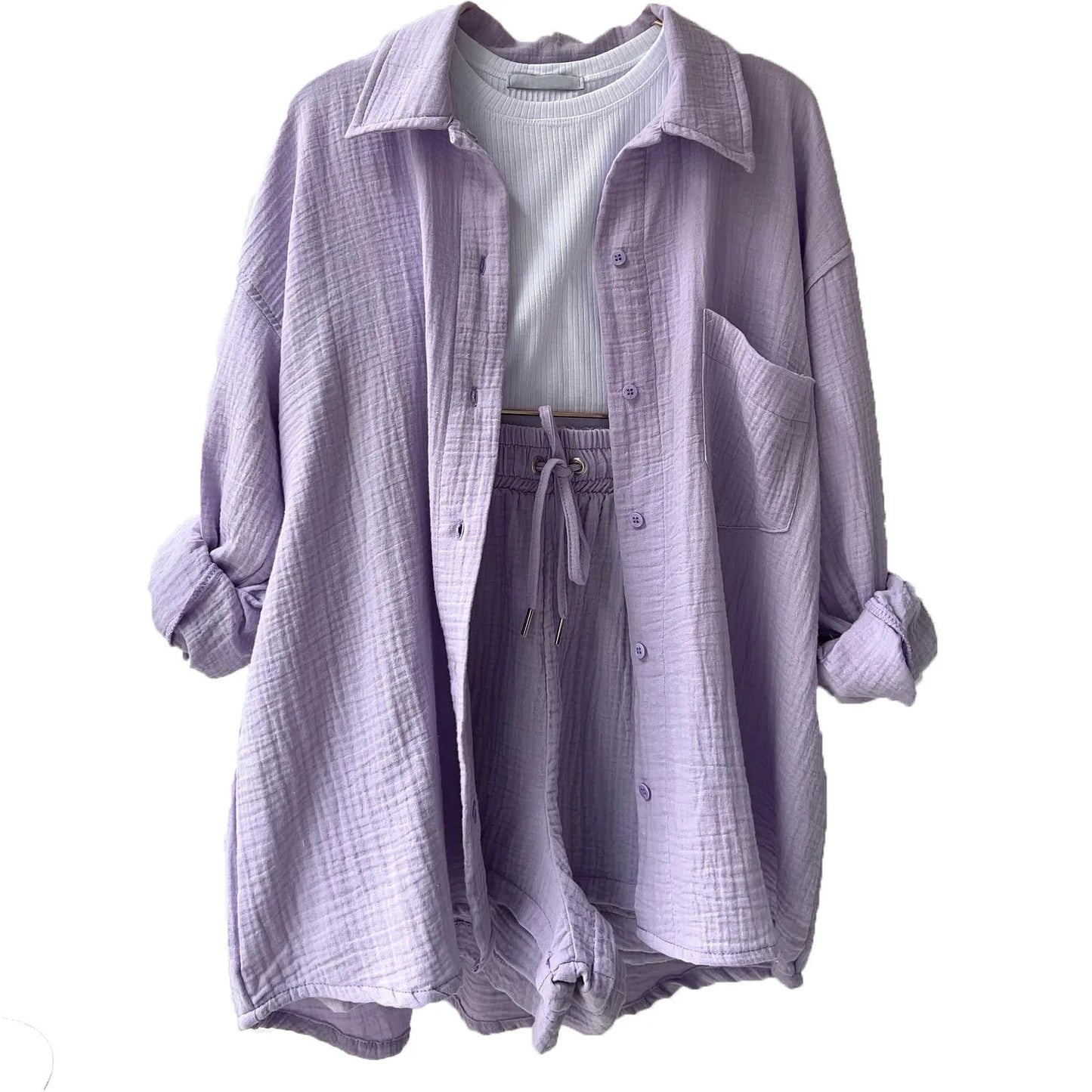 ENXO – Women’s 2-Piece Muslin Short Set | Solid Color, Button-Up Lapel – Summer 2024 Outfit