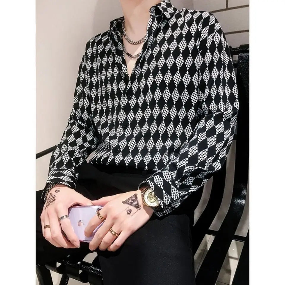 ENXO – Men’s Vintage Checkered Cotton Shirt | Diamond Pattern, Turn-Down Collar, Spring/Autumn Fashion