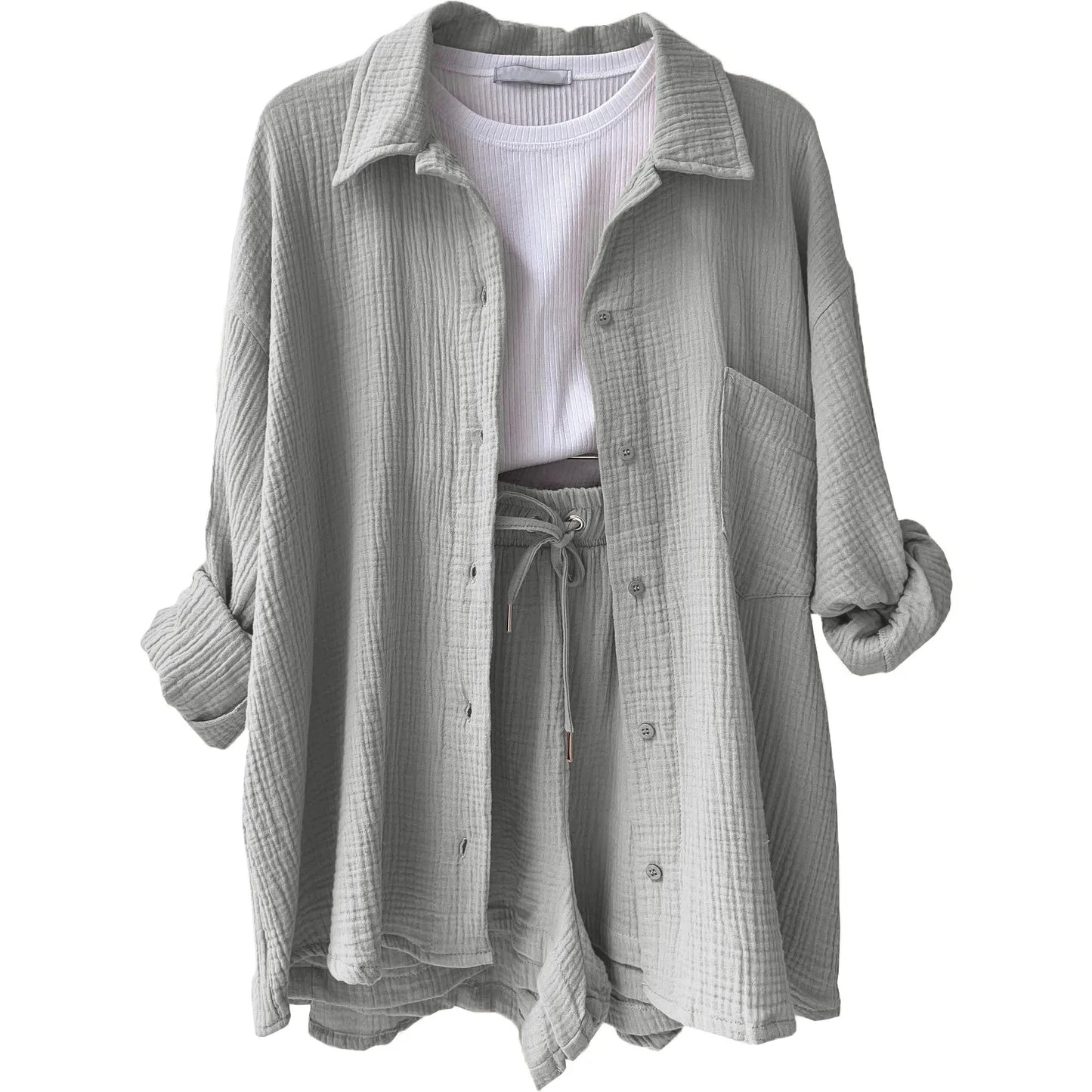 ENXO – Women’s 2-Piece Muslin Short Set | Solid Color, Button-Up Lapel – Summer 2024 Outfit