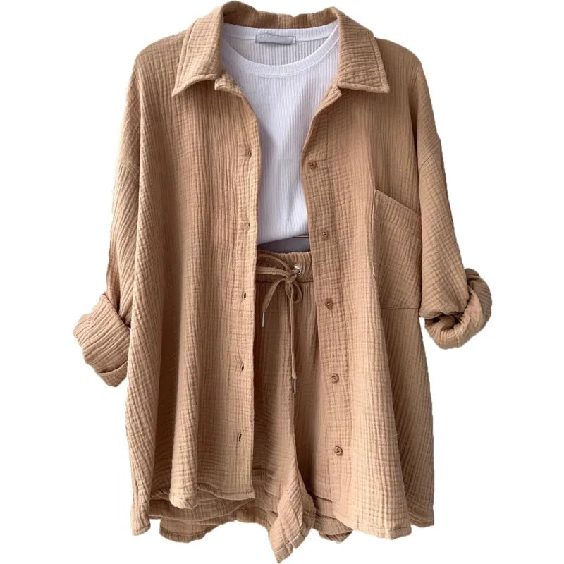 ENXO – Women’s 2-Piece Muslin Short Set | Solid Color, Button-Up Lapel – Summer 2024 Outfit