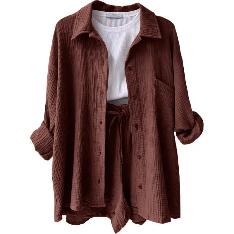 ENXO – Women’s 2-Piece Muslin Short Set | Solid Color, Button-Up Lapel – Summer 2024 Outfit
