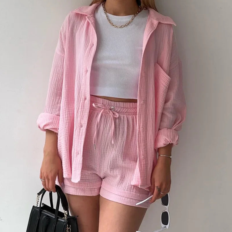 ENXO – Women’s 2-Piece Muslin Short Set | Solid Color, Button-Up Lapel – Summer 2024 Outfit