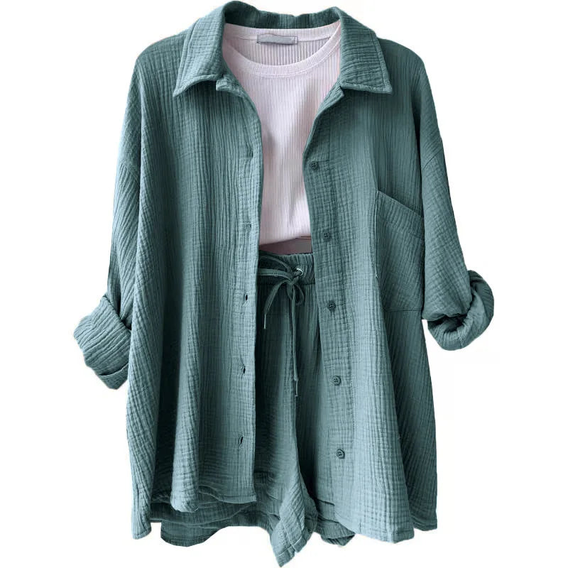 ENXO – Women’s 2-Piece Muslin Short Set | Solid Color, Button-Up Lapel – Summer 2024 Outfit