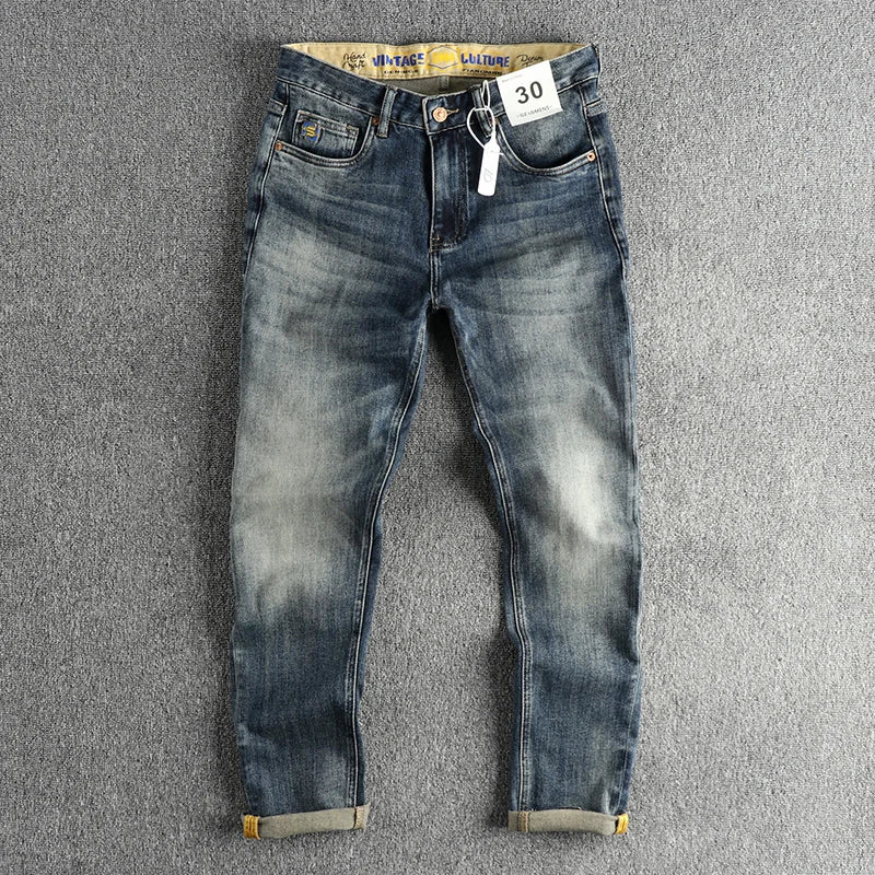 ENXO – Men’s Embroidered Distressed Denim Jeans | Slim Straight, Retro American Style, Stretch Fit for Youth