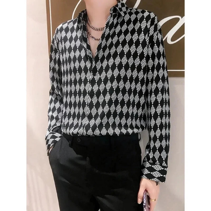 ENXO – Men’s Vintage Checkered Cotton Shirt | Diamond Pattern, Turn-Down Collar, Spring/Autumn Fashion