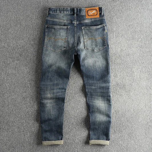 ENXO – Men’s Embroidered Distressed Denim Jeans | Slim Straight, Retro American Style, Stretch Fit for Youth