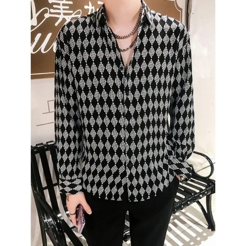 ENXO – Men’s Vintage Checkered Cotton Shirt | Diamond Pattern, Turn-Down Collar, Spring/Autumn Fashion