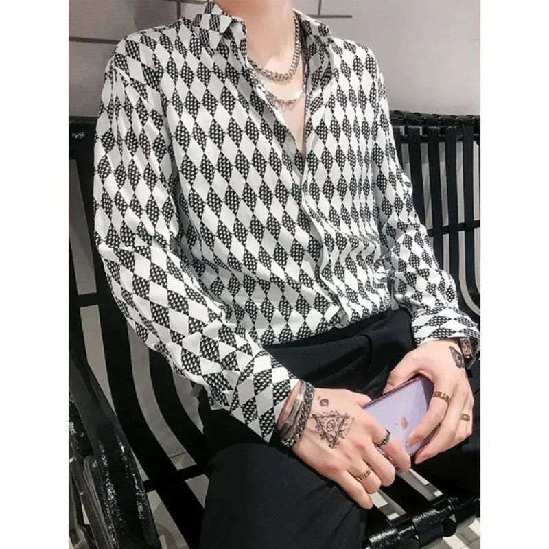 ENXO – Men’s Vintage Checkered Cotton Shirt | Diamond Pattern, Turn-Down Collar, Spring/Autumn Fashion
