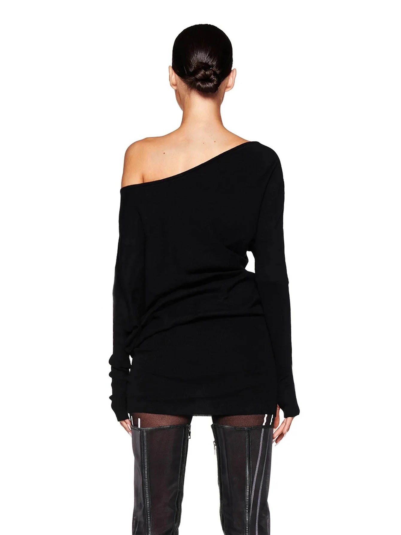 Dulzura Sexy Long Sleeve Mini Dress Oblique Shoulder Solid Simple Dresses