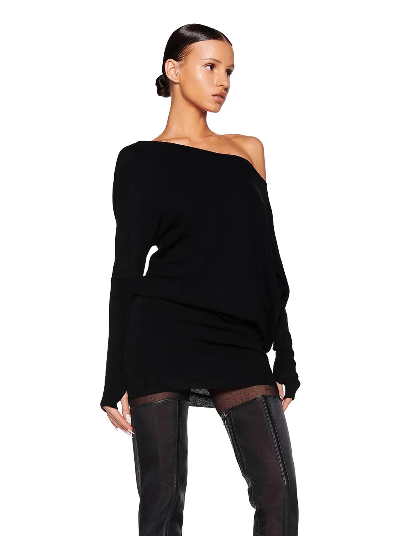 Dulzura Sexy Long Sleeve Mini Dress Oblique Shoulder Solid Simple Dresses