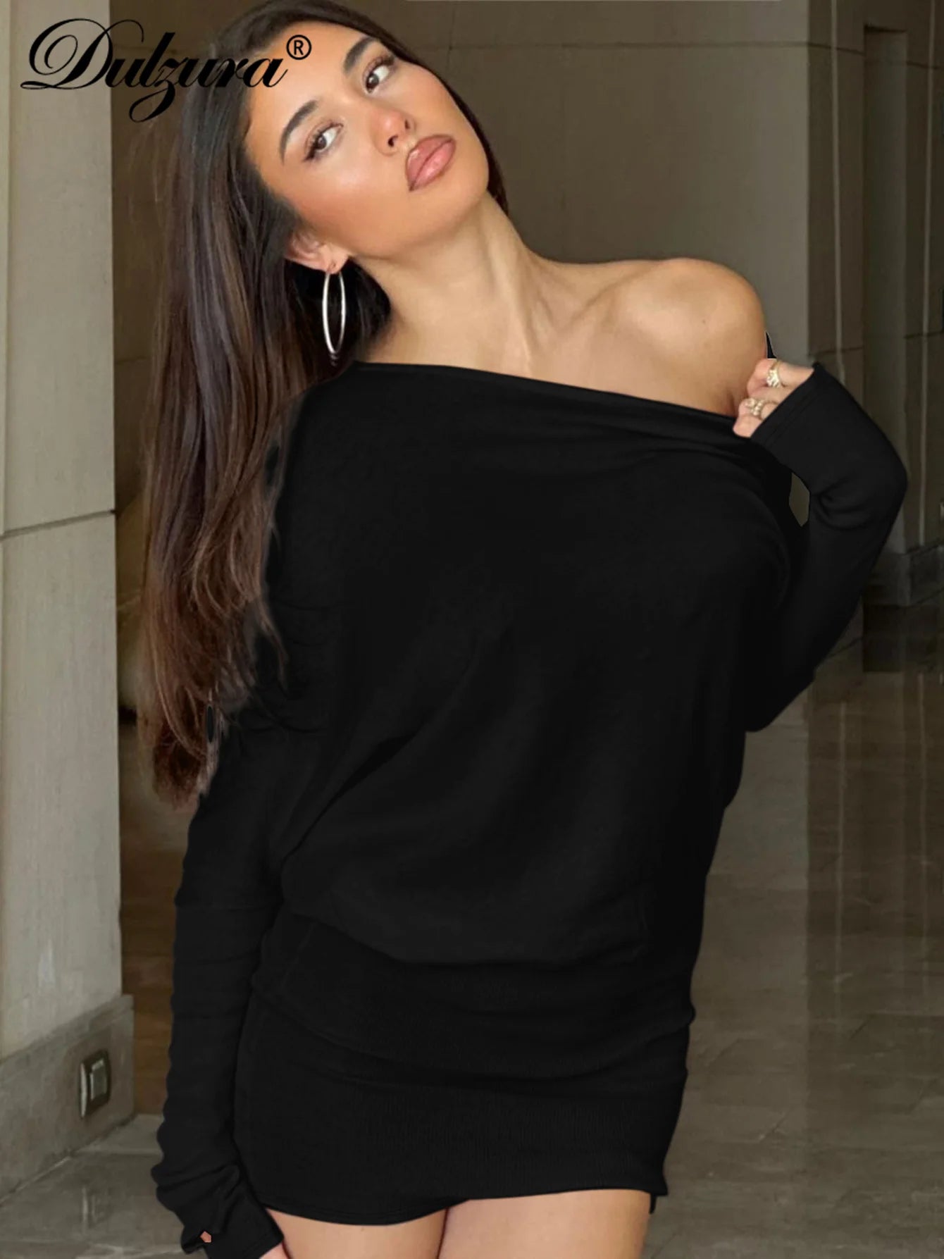 Dulzura Sexy Long Sleeve Mini Dress Oblique Shoulder Solid Simple Dresses