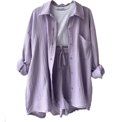 ENXO – Women’s 2-Piece Muslin Short Set | Solid Color, Button-Up Lapel – Summer 2024 Outfit