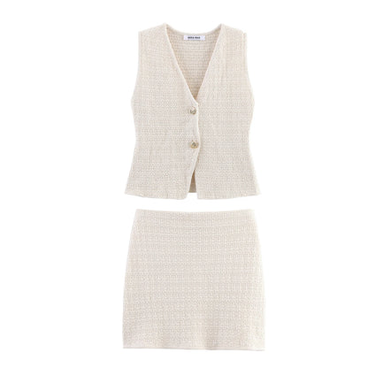 New European And American Style Fashionable Knitted Texture Vest Casual Mini Skirt Set