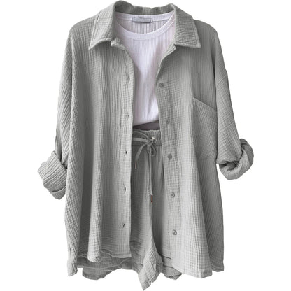 ENXO – Women’s 2-Piece Muslin Short Set | Solid Color, Button-Up Lapel – Summer 2024 Outfit