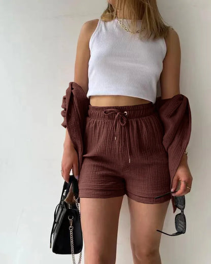 ENXO – Women’s 2-Piece Muslin Short Set | Solid Color, Button-Up Lapel – Summer 2024 Outfit