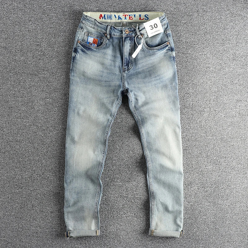 ENXO – Men’s Embroidered Light Blue Slim Jeans | Washed Denim, Spring 2024 Casual Youth Style