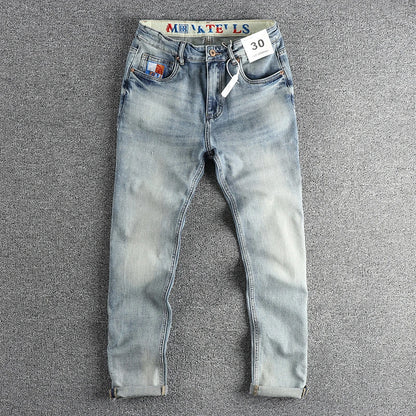 ENXO – Men’s Embroidered Light Blue Slim Jeans | Washed Denim, Spring 2024 Casual Youth Style