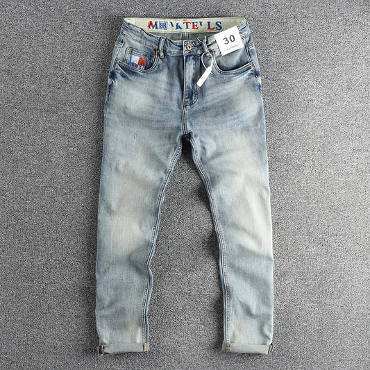 ENXO – Men’s Embroidered Light Blue Slim Jeans | Washed Denim, Spring 2024 Casual Youth Style