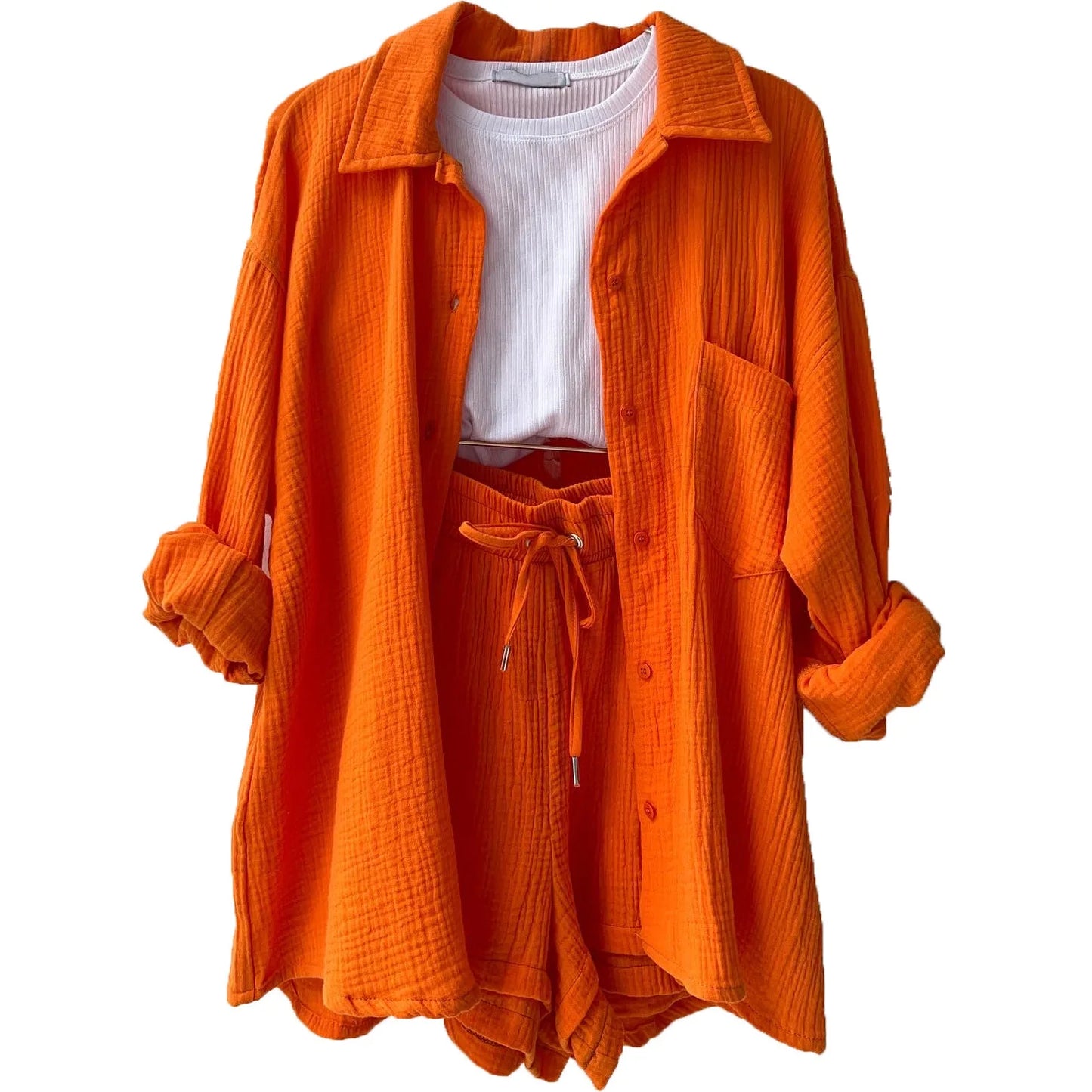 ENXO – Women’s 2-Piece Muslin Short Set | Solid Color, Button-Up Lapel – Summer 2024 Outfit