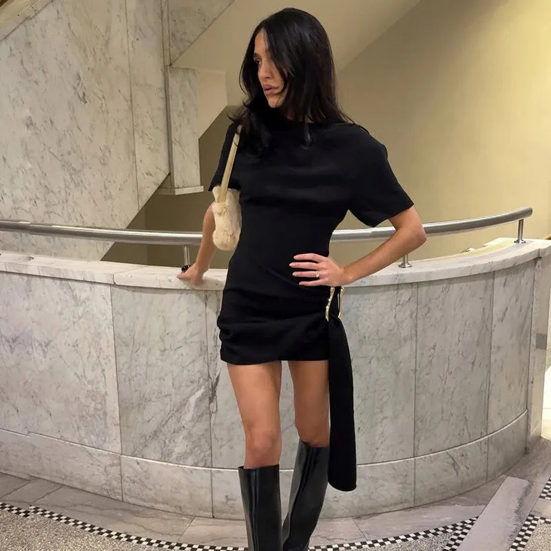 Mozision Short Sleeve Draped Sexy Mini Dress For Women Black Metal Buckle O Neck High Waist Bodycon Club Dress Vestido Clothes