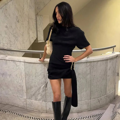 Mozision Short Sleeve Draped Sexy Mini Dress For Women Black Metal Buckle O Neck High Waist Bodycon Club Dress Vestido Clothes
