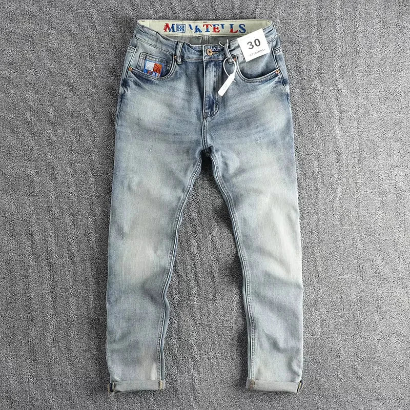 ENXO – Men’s Embroidered Light Blue Slim Jeans | Washed Denim, Spring 2024 Casual Youth Style