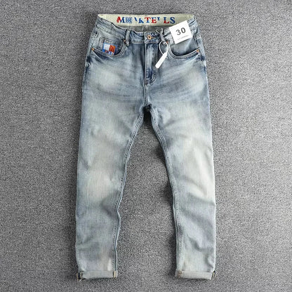 ENXO – Men’s Embroidered Light Blue Slim Jeans | Washed Denim, Spring 2024 Casual Youth Style