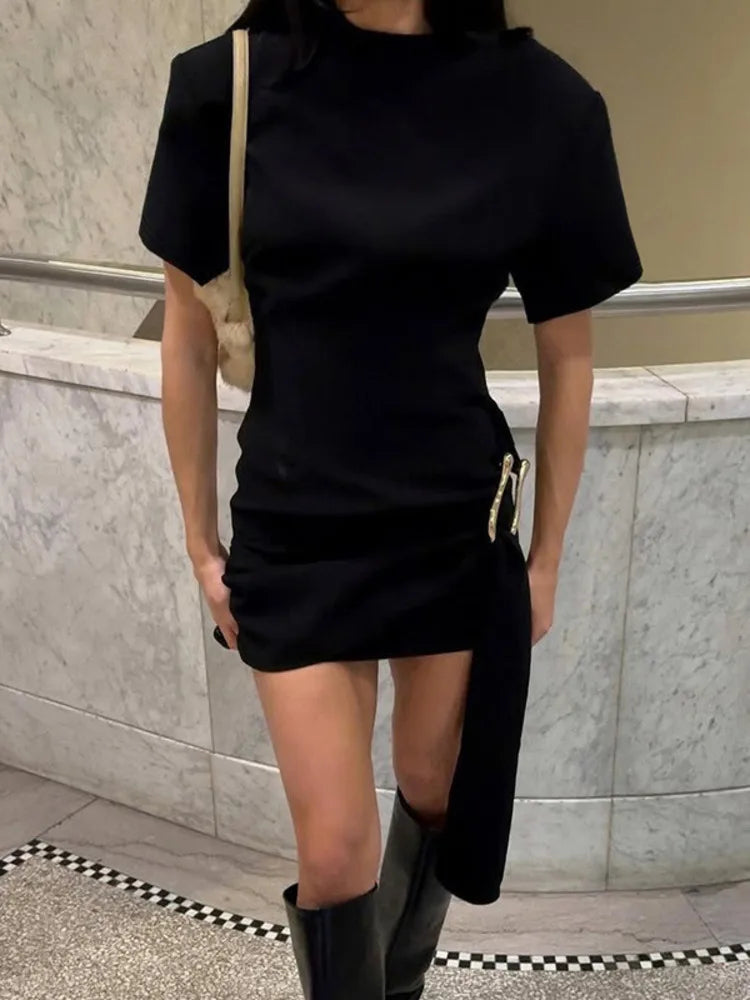Mozision Short Sleeve Draped Sexy Mini Dress For Women Black Metal Buckle O Neck High Waist Bodycon Club Dress Vestido Clothes