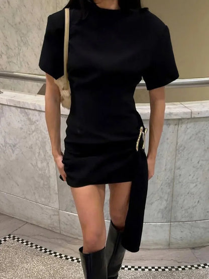 Mozision Short Sleeve Draped Sexy Mini Dress For Women Black Metal Buckle O Neck High Waist Bodycon Club Dress Vestido Clothes