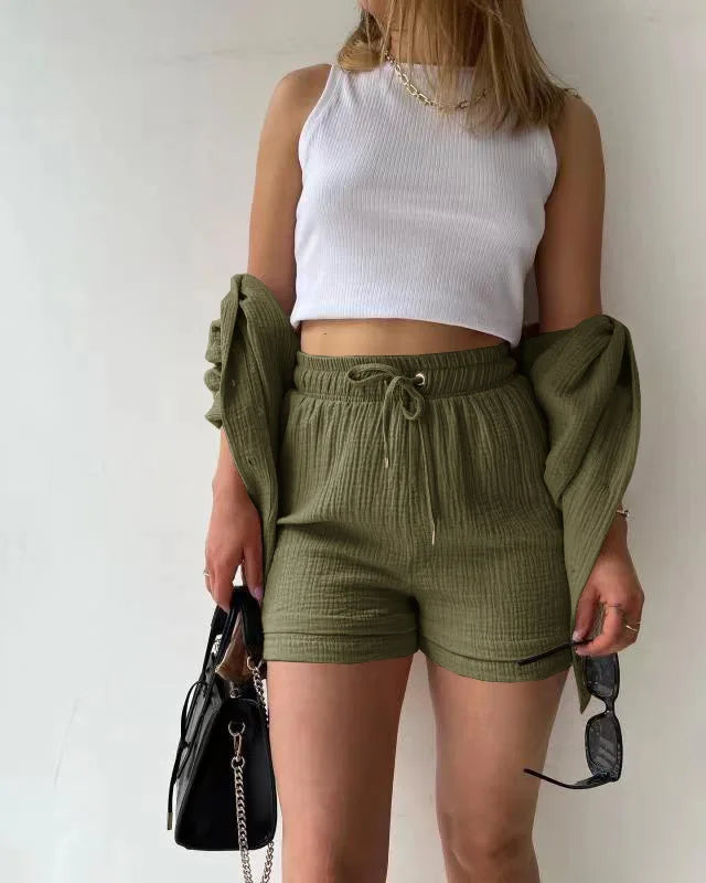 ENXO – Women’s 2-Piece Muslin Short Set | Solid Color, Button-Up Lapel – Summer 2024 Outfit