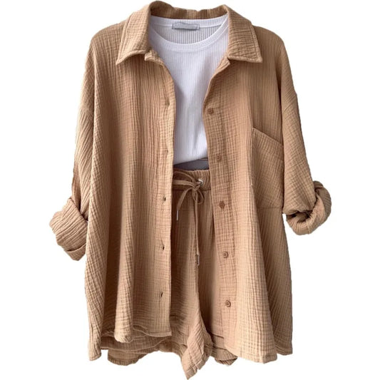 ENXO – Women’s 2-Piece Muslin Short Set | Solid Color, Button-Up Lapel – Summer 2024 Outfit