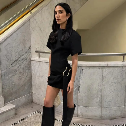 Mozision Short Sleeve Draped Sexy Mini Dress For Women Black Metal Buckle O Neck High Waist Bodycon Club Dress Vestido Clothes