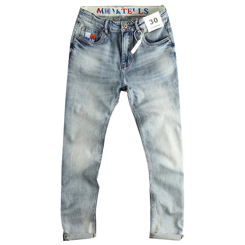 ENXO – Men’s Embroidered Light Blue Slim Jeans | Washed Denim, Spring 2024 Casual Youth Style
