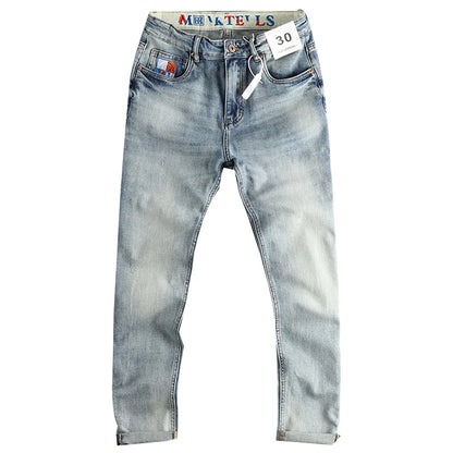 ENXO – Men’s Embroidered Light Blue Slim Jeans | Washed Denim, Spring 2024 Casual Youth Style