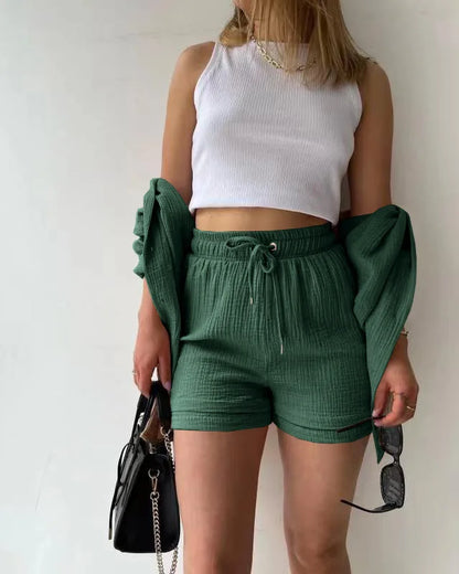 ENXO – Women’s 2-Piece Muslin Short Set | Solid Color, Button-Up Lapel – Summer 2024 Outfit