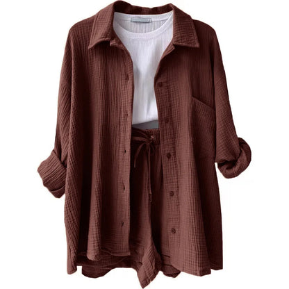 ENXO – Women’s 2-Piece Muslin Short Set | Solid Color, Button-Up Lapel – Summer 2024 Outfit