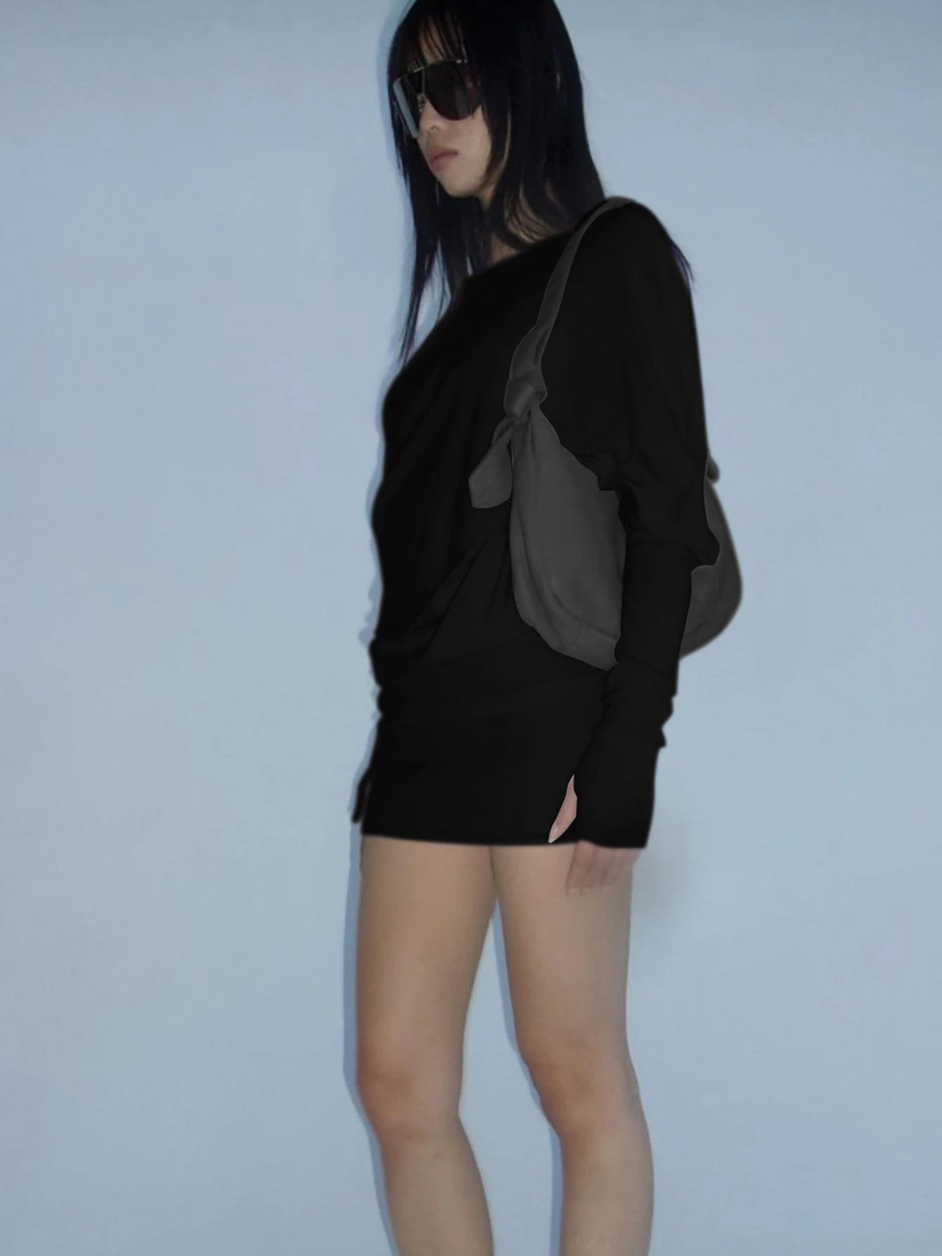 Dulzura Sexy Long Sleeve Mini Dress Oblique Shoulder Solid Simple Dresses