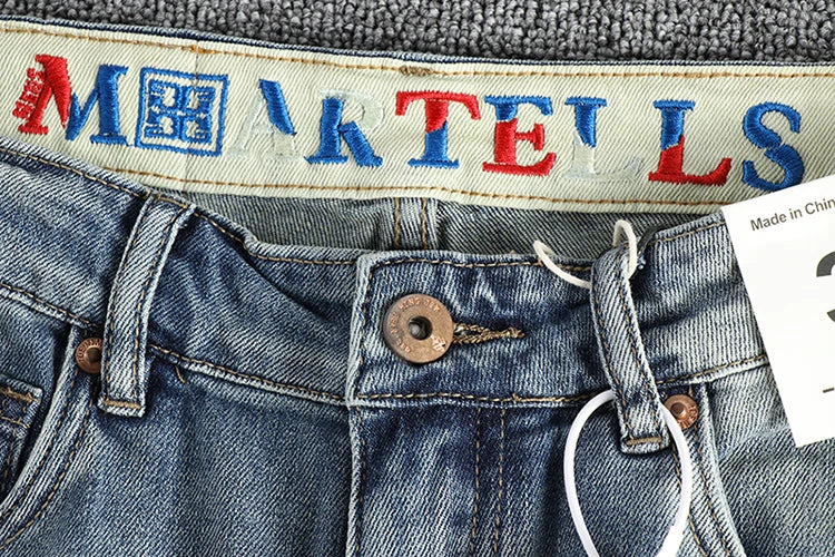 ENXO – Men’s Embroidered Light Blue Slim Jeans | Washed Denim, Spring 2024 Casual Youth Style