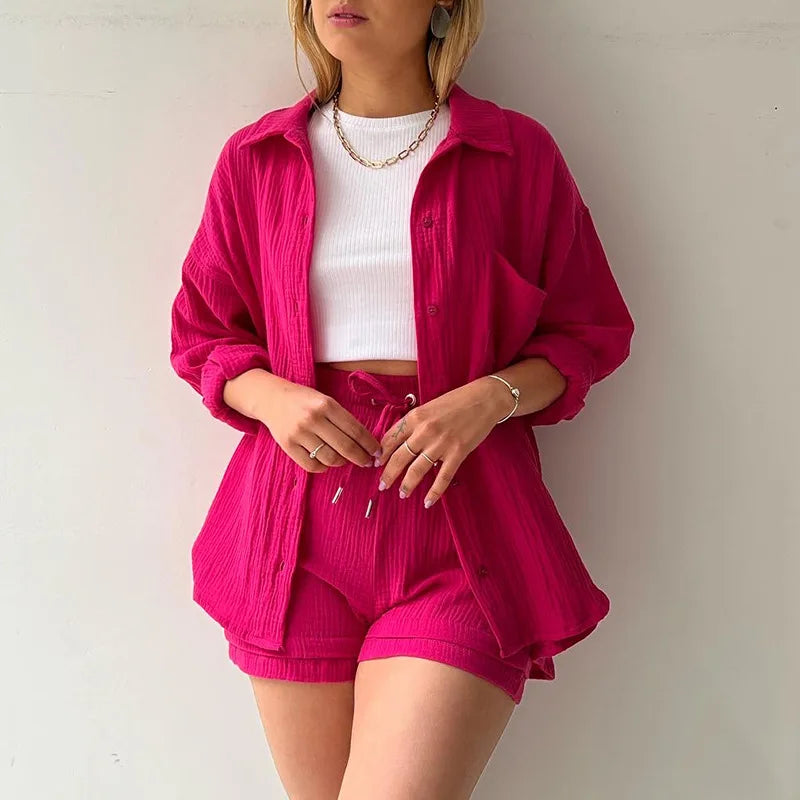 ENXO – Women’s 2-Piece Muslin Short Set | Solid Color, Button-Up Lapel – Summer 2024 Outfit