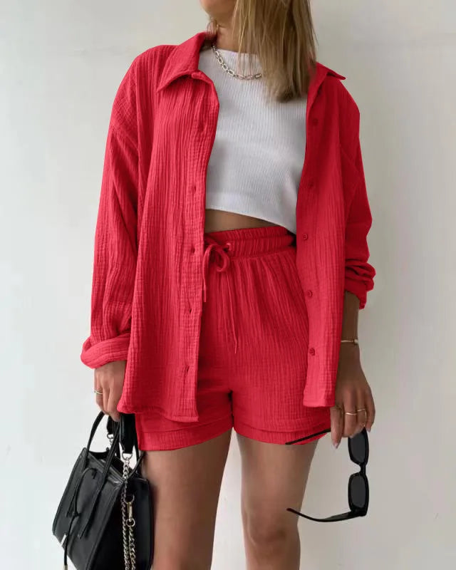 ENXO – Women’s 2-Piece Muslin Short Set | Solid Color, Button-Up Lapel – Summer 2024 Outfit