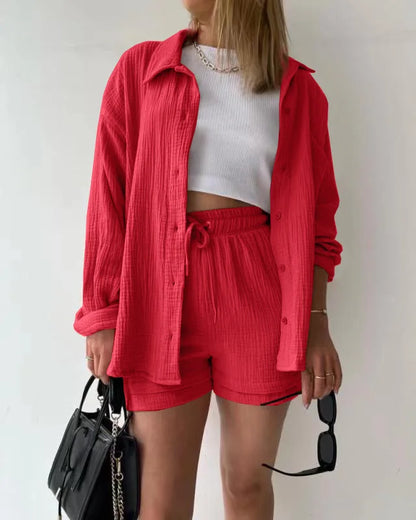 ENXO – Women’s 2-Piece Muslin Short Set | Solid Color, Button-Up Lapel – Summer 2024 Outfit