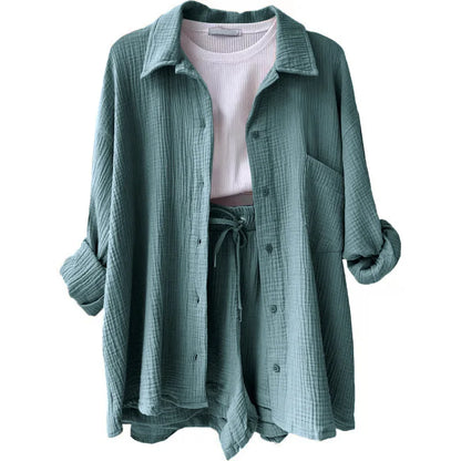 ENXO – Women’s 2-Piece Muslin Short Set | Solid Color, Button-Up Lapel – Summer 2024 Outfit