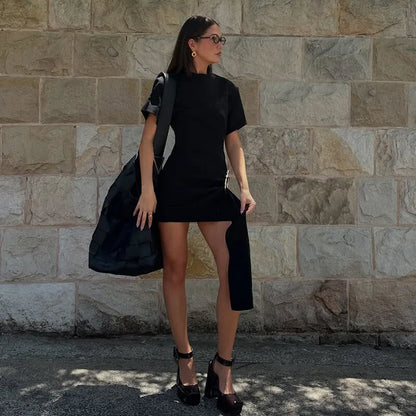 Mozision Short Sleeve Draped Sexy Mini Dress For Women Black Metal Buckle O Neck High Waist Bodycon Club Dress Vestido Clothes