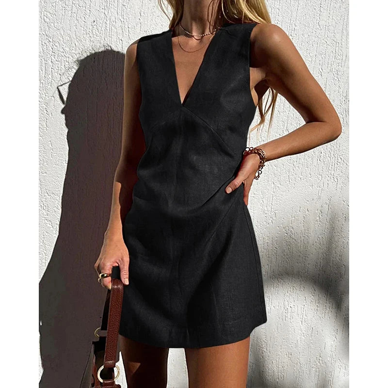 Vintage Linen Women's Dress Elegant Summer 2025 Sexy V-neck Short Beach Streetwear Dresses Mini Female Clothing Sundress Vestido