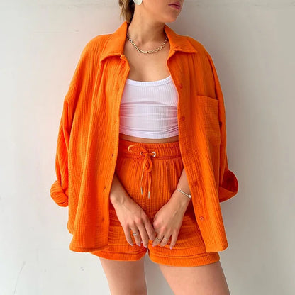 ENXO – Women’s 2-Piece Muslin Short Set | Solid Color, Button-Up Lapel – Summer 2024 Outfit