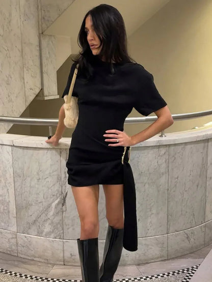 Mozision Short Sleeve Draped Sexy Mini Dress For Women Black Metal Buckle O Neck High Waist Bodycon Club Dress Vestido Clothes