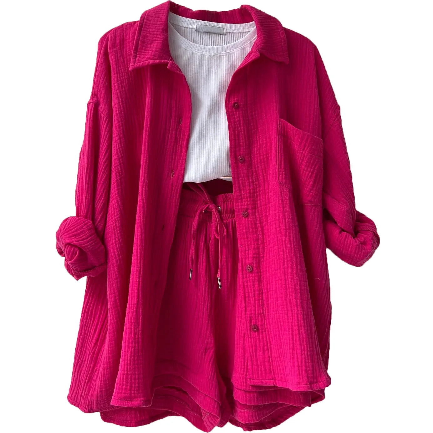 ENXO – Women’s 2-Piece Muslin Short Set | Solid Color, Button-Up Lapel – Summer 2024 Outfit