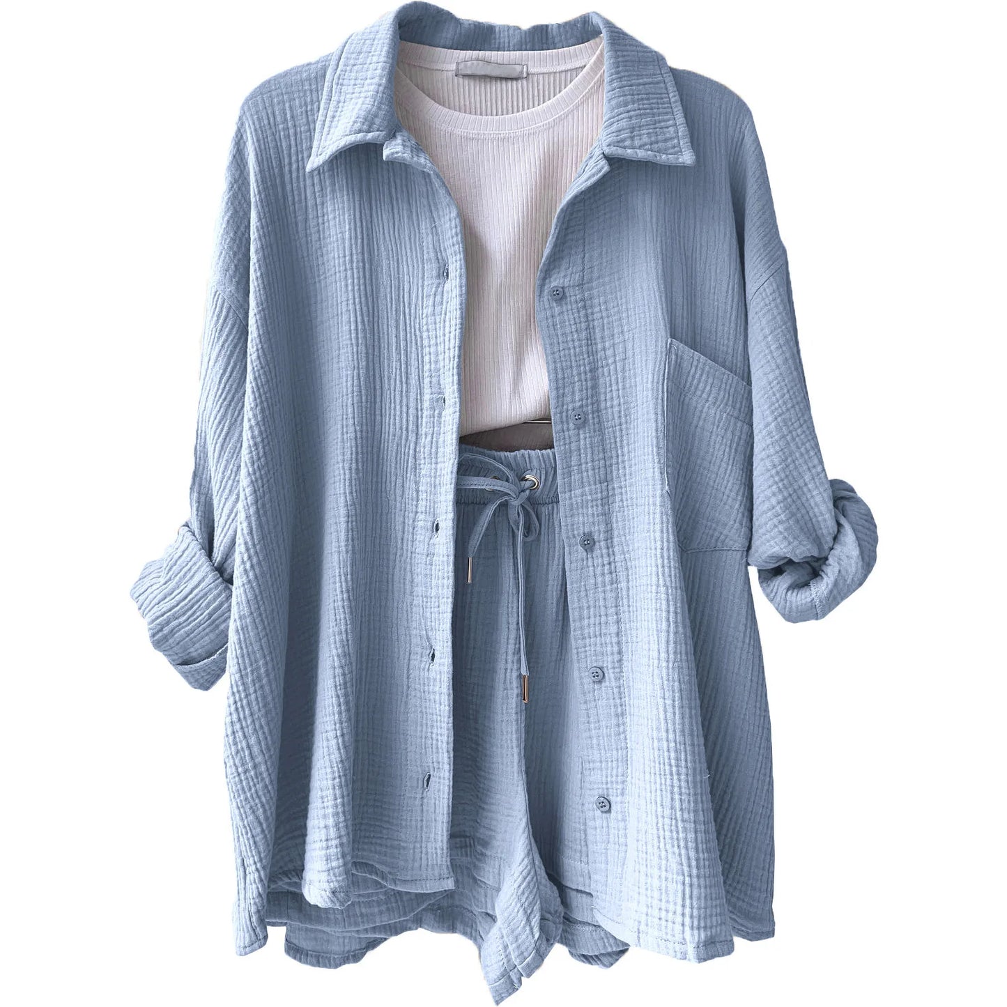 ENXO – Women’s 2-Piece Muslin Short Set | Solid Color, Button-Up Lapel – Summer 2024 Outfit