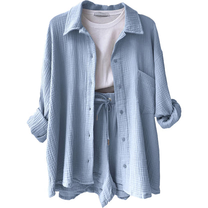 ENXO – Women’s 2-Piece Muslin Short Set | Solid Color, Button-Up Lapel – Summer 2024 Outfit
