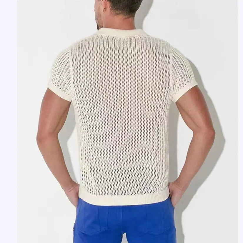ENXO – Men’s Mesh Knit Polo Shirt | Hollow Out, See-Through V-Lapel – Summer Streetwear Style